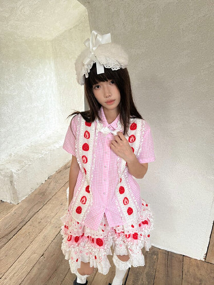 Plaid Lace Bow Short Sleeve Shirt【s0000018541】