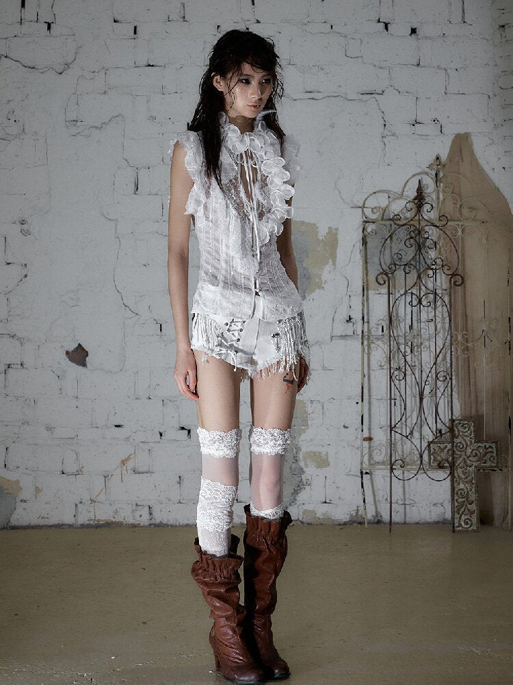 Chain Fringe Patchwork Denim Shorts【s0000016980】
