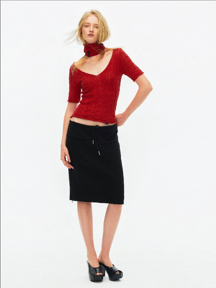 Cut Out Cable V-Neck Knit Top【s0000015928】