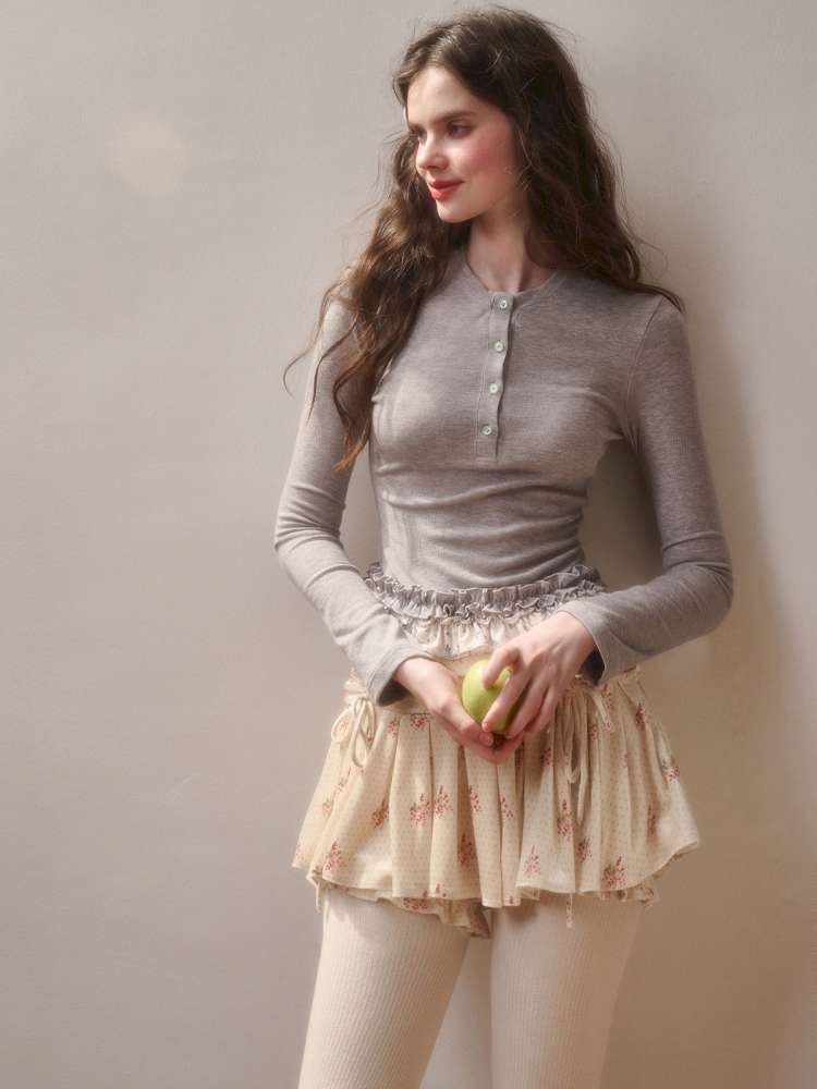 Comfortable Cotton Crew Neck Slim Lace Hem Top【s0000014895】