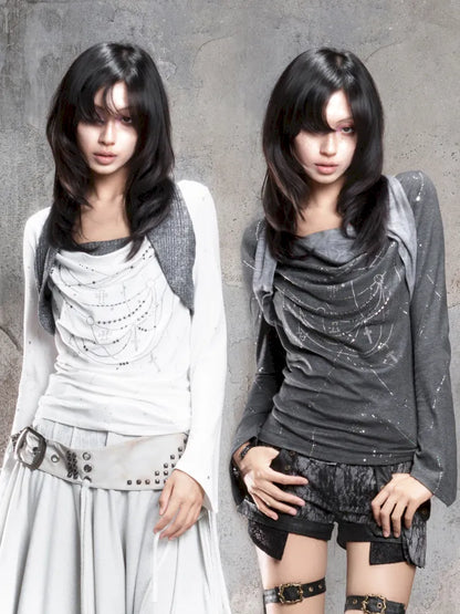 Asymmetrical faux two-piece long-sleeve knit top【s0000014134】