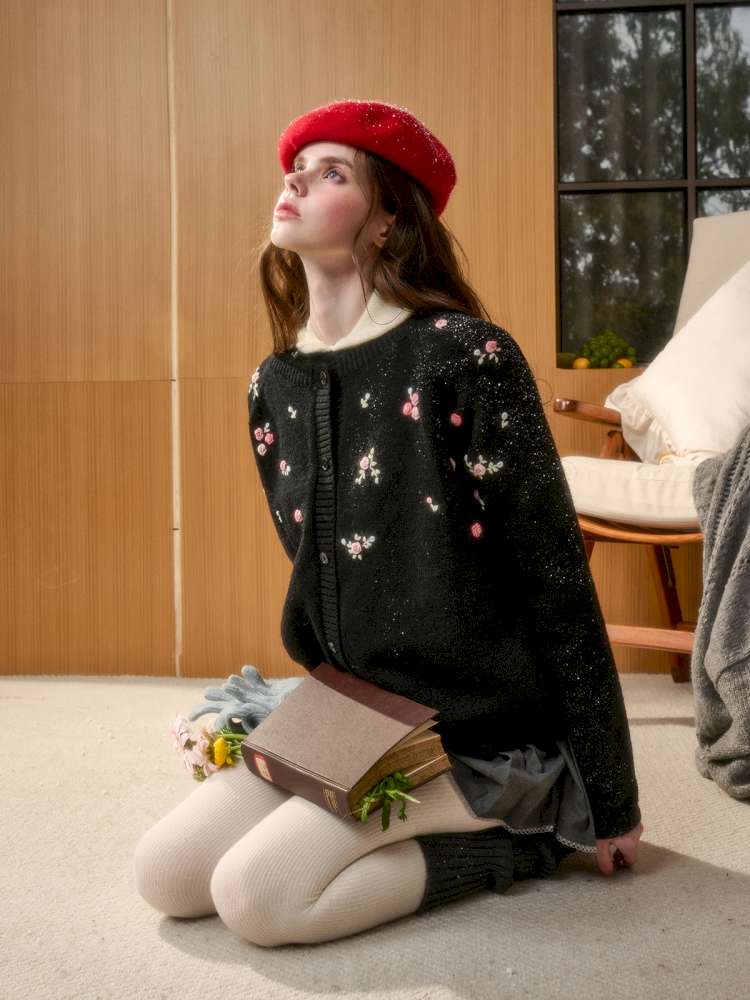 Wool Hand-Embroidered Flower Sweater Cardigan【s0000014891】