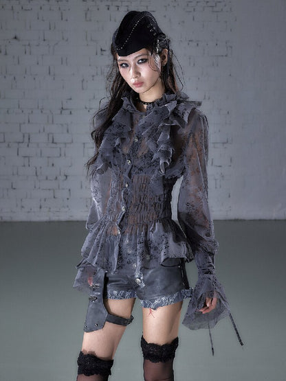 Ruffled Flocked Lace Stand Shirt【s0000016208】