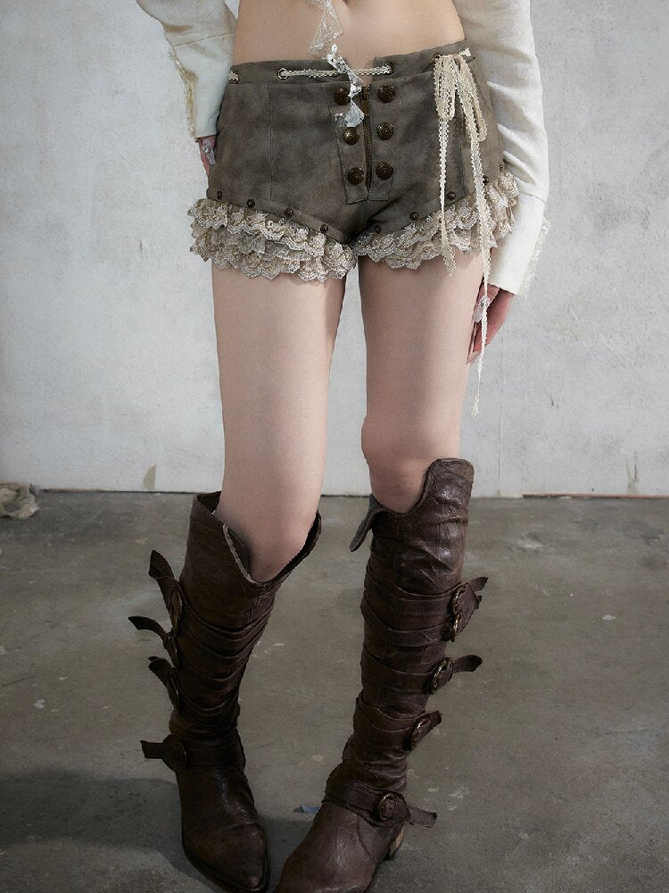 Vintage Court Lace Leather Shorts【s0000017862】