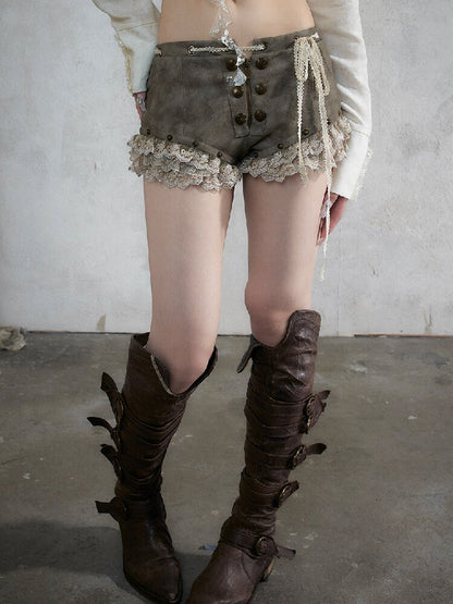 Vintage Court Lace Leather Shorts【s0000017862】
