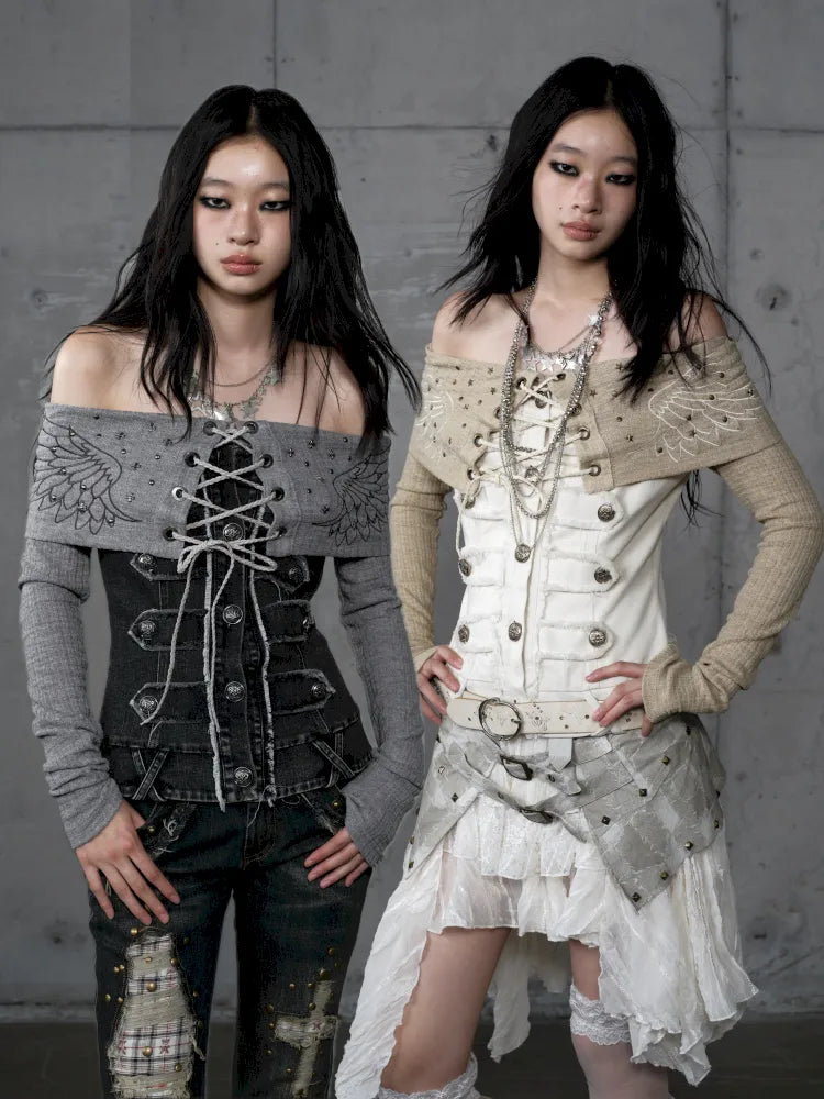 Rhinestone Off-Shoulder Long-Sleeve T-Shirt【s0000014118】