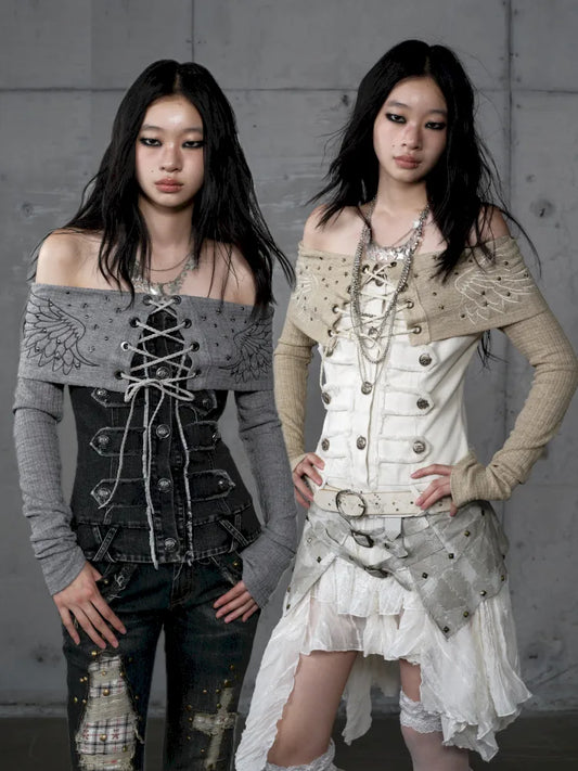 Rhinestone Off-Shoulder Long-Sleeve T-Shirt【s0000014118】