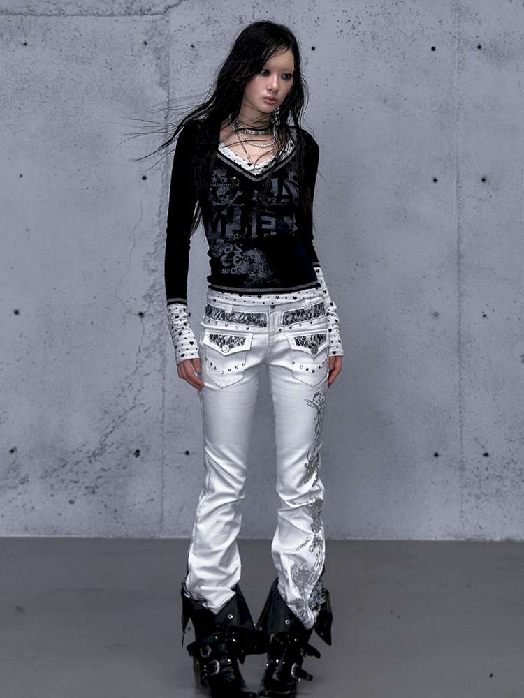 Retro Punk V-Neck Stretch T-Shirt【s0000014928】