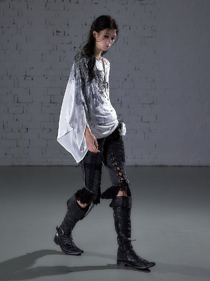 Print Chiffon Swing Collar T-Shirt【s0000016209】