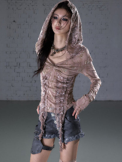 Lace Kink Stretch One Shoulder Top【s0000015933】