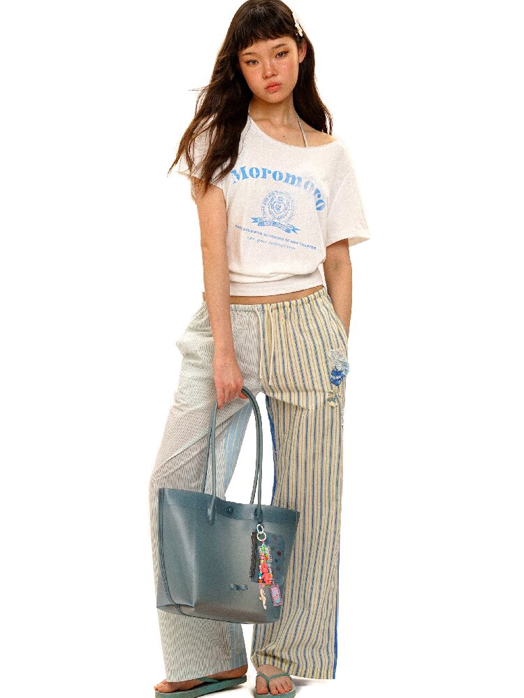 College Emblem Off Shoulder T Shirt【s0000017443】