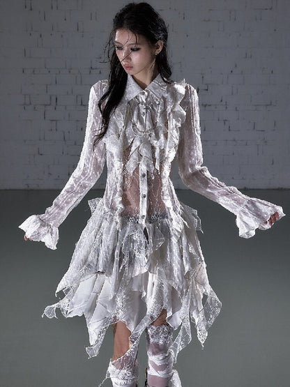 Openwork Lace Irregular Shirt Dress【s0000015941】