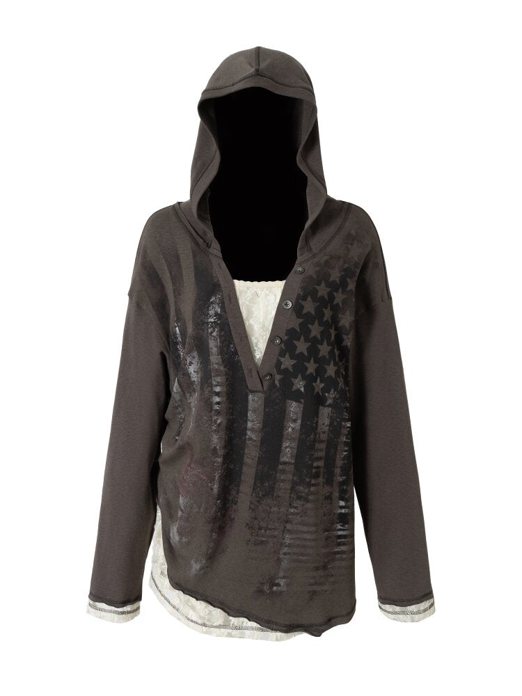 Lace Stitched Hooded T-Shirt【s0000015545】