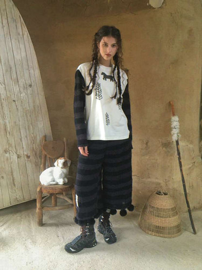 Striped Knit Furball Midi Slacks【s0000014900】