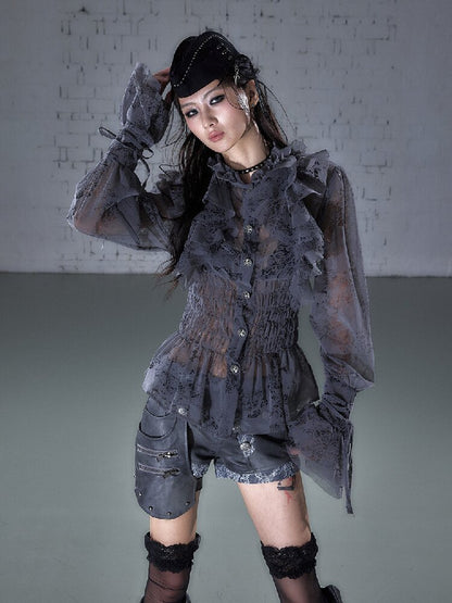 Ruffled Flocked Lace Stand Shirt【s0000016208】