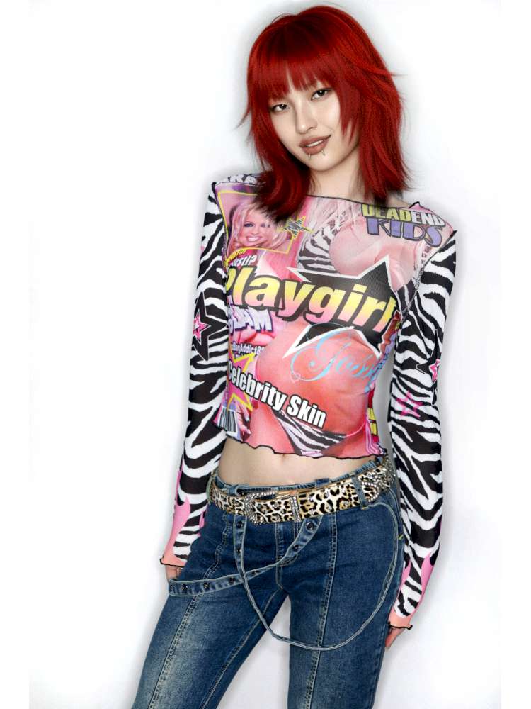 Y2K Millennium Print Long Sleeve Mesh Top【s0000014915
