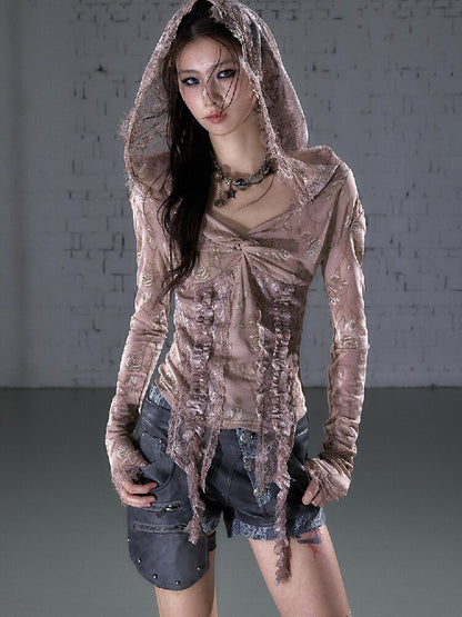 Lace Kink Stretch One Shoulder Top【s0000015933】