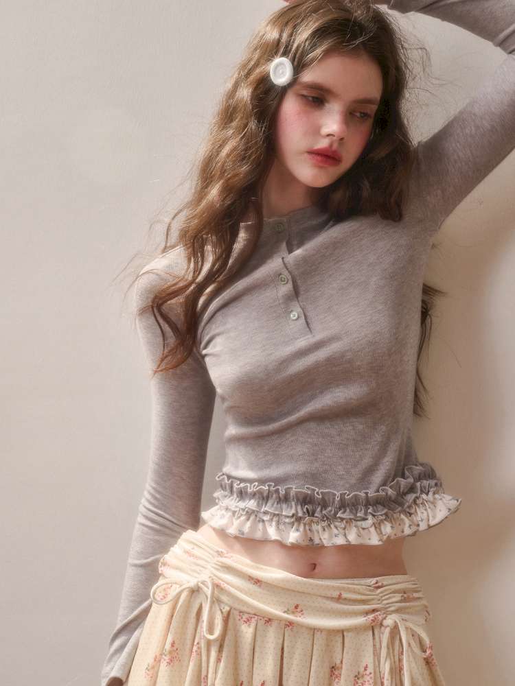 Comfortable Cotton Crew Neck Slim Lace Hem Top【s0000014895】