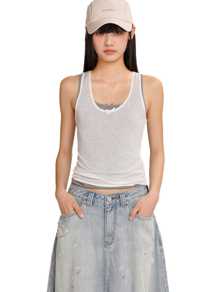 Lace bow casual lazy camisole undershirt【s0000013437】