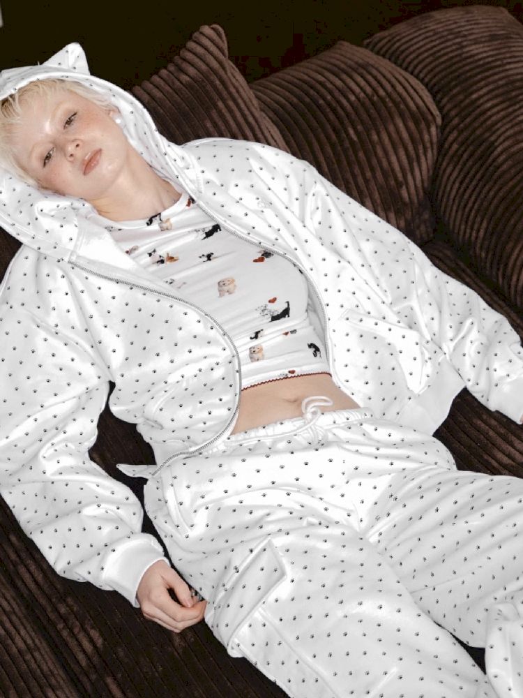 Cat's Paw Long Short Polka Dot Hooded Cardigan Sweatshirt Sweatpants Set【s0000011566】