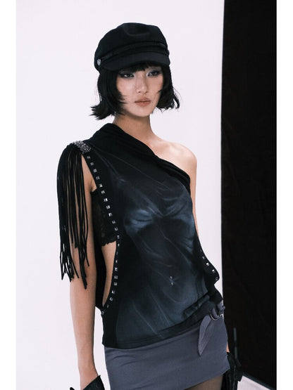 Asymmetrical Collar Fringe Print Set【s0000018475】