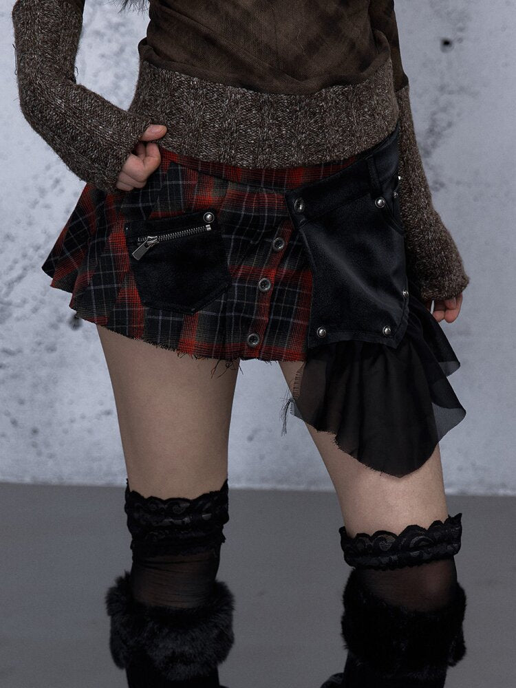 Plaid Stitching Leather Skirt【s0000015546】