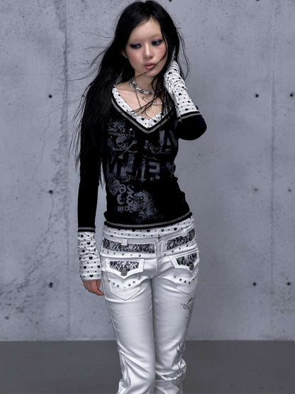 Retro Punk V-Neck Stretch T-Shirt【s0000014928】