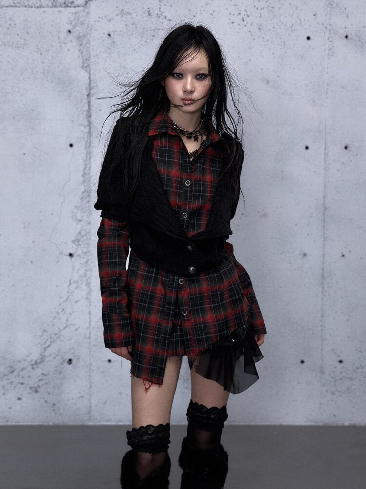 Check Knit Fake Two Piece Shirt【s0000015547】