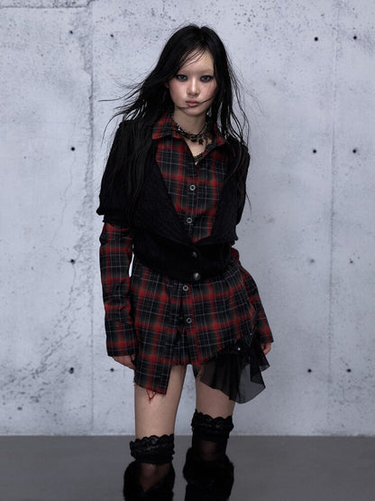 Check Knit Fake Two Piece Shirt【s0000015547】