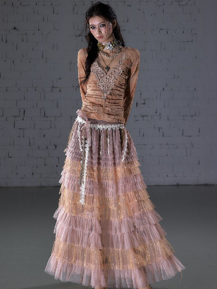 Crochet Flocked Lace Slim Shirt【s0000015934】