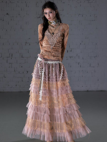 Crochet Flocked Lace Slim Shirt【s0000015934】