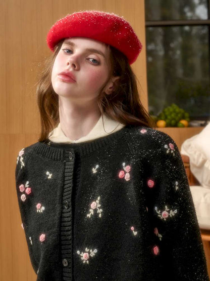 Wool Hand-Embroidered Flower Sweater Cardigan【s0000014891】