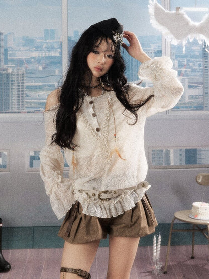 Lace See-Through One-Shoulder Top【s0000016274】