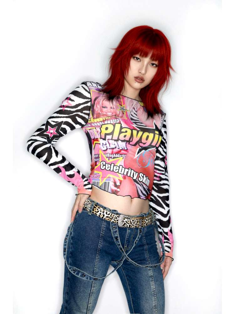 Y2K Millennium Print Long Sleeve Mesh Top【s0000014915】