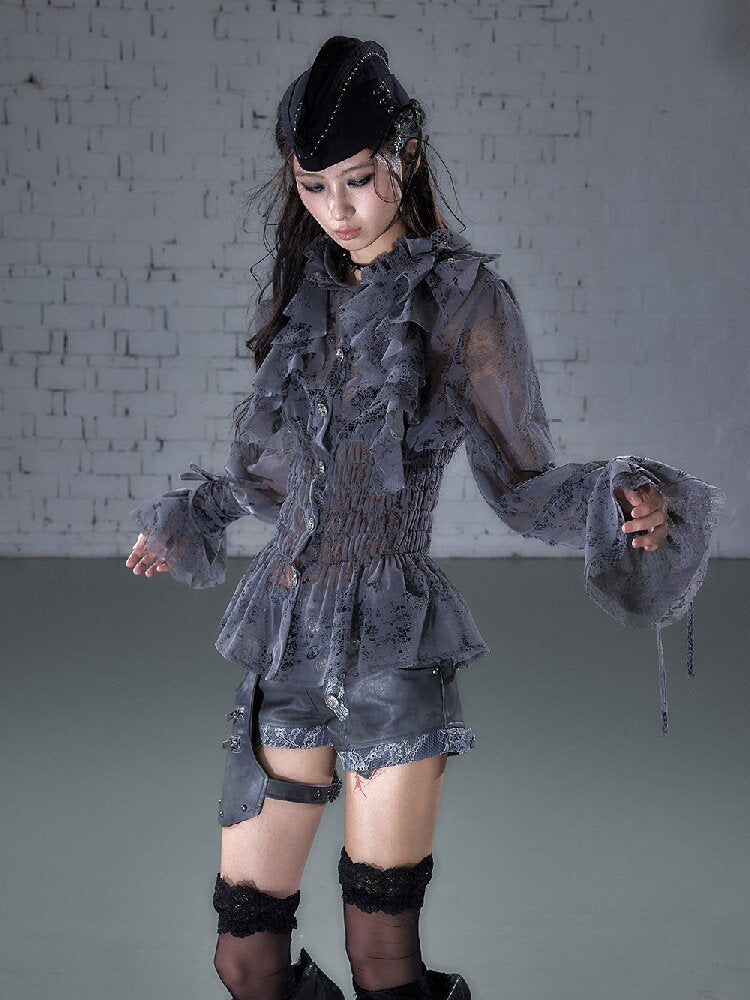 Ruffled Flocked Lace Stand Shirt【s0000016208】