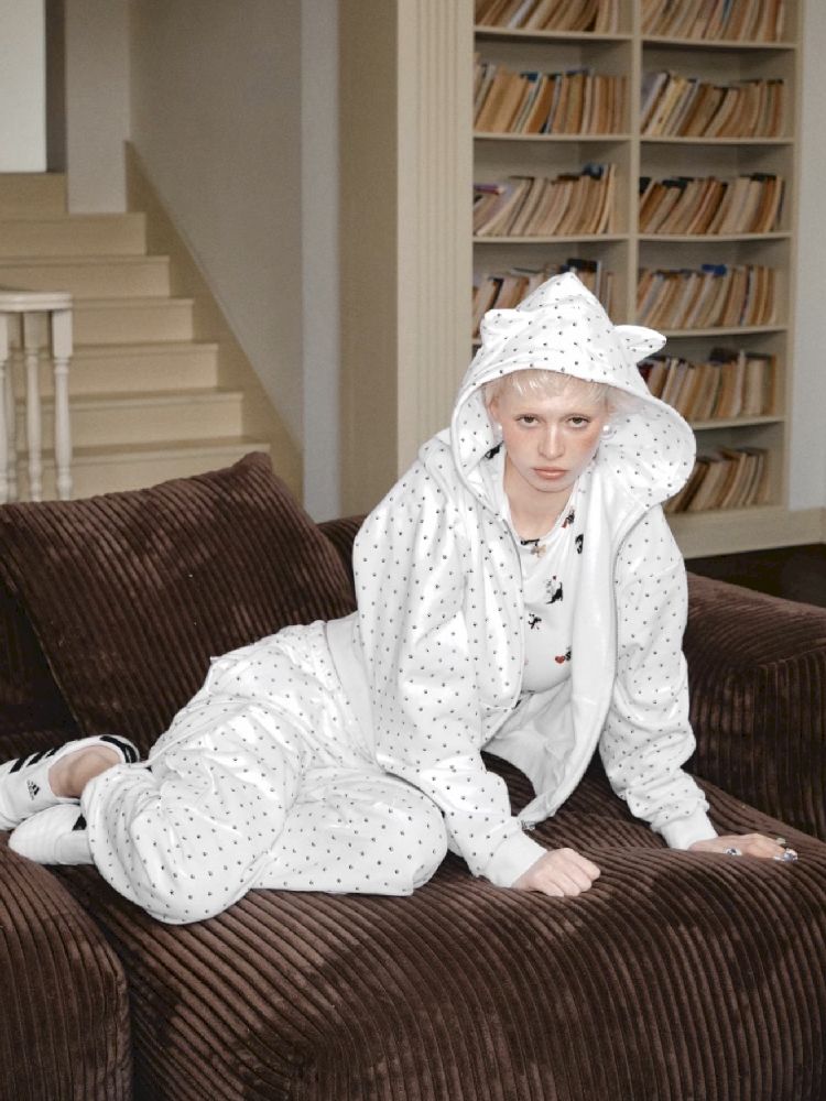 Cat's Paw Long Short Polka Dot Hooded Cardigan Sweatshirt Sweatpants Set【s0000011566】