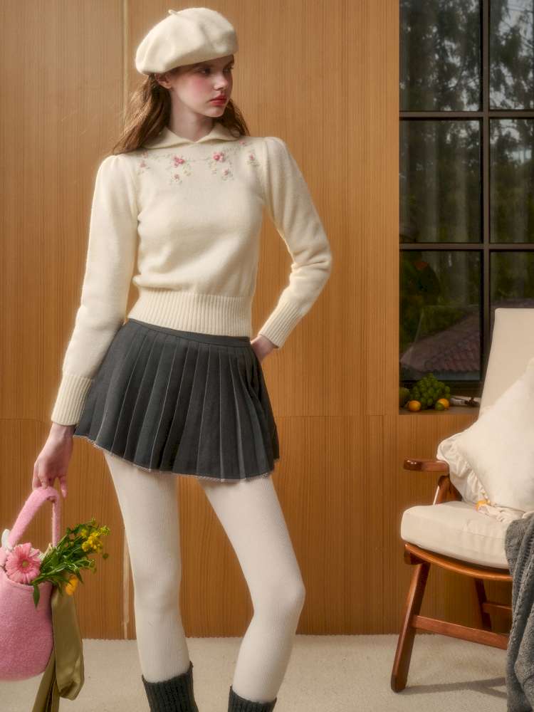 Wool Warm Hand-Embroidered Doll Collar Knit【s0000014893】