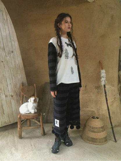 Striped Knit Furball Midi Slacks【s0000014900】