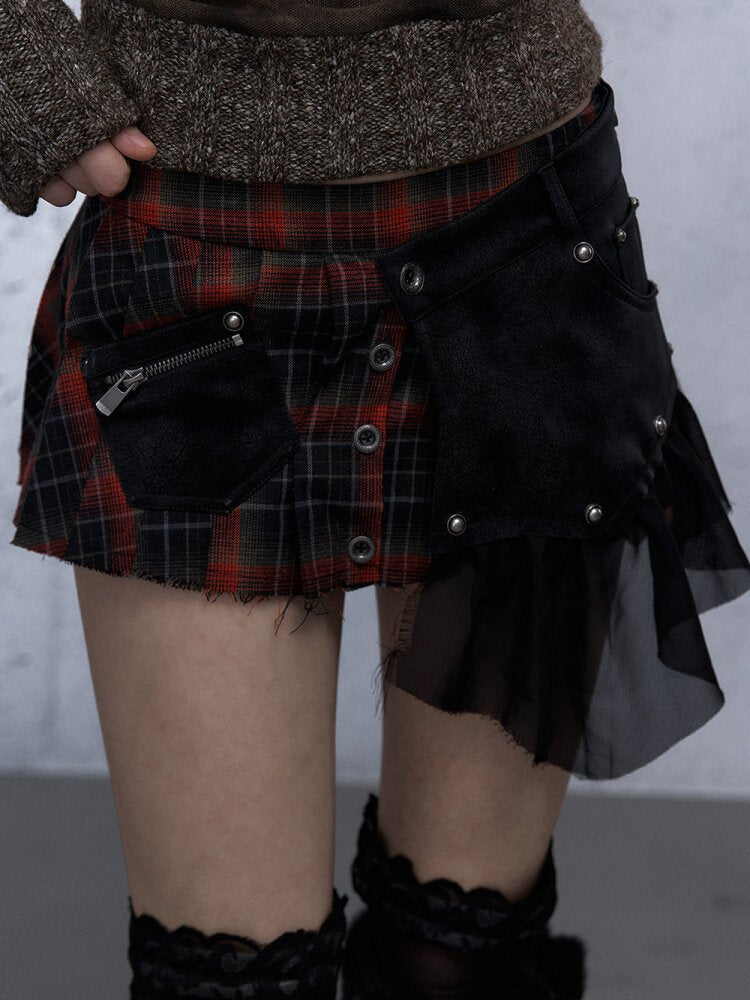 Plaid Stitching Leather Skirt【s0000015546】