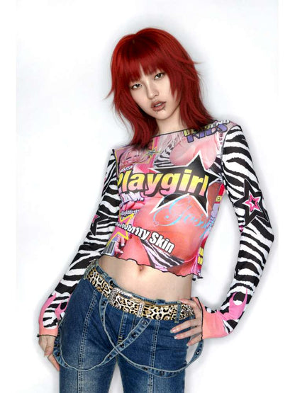 Y2K Millennium Print Long Sleeve Mesh Top【s0000014915】