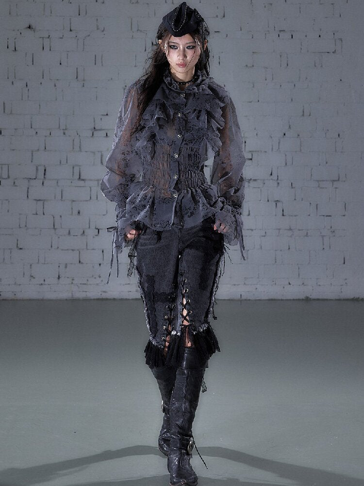 Ruffled Flocked Lace Stand Shirt【s0000016208】