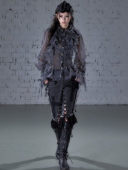 Ruffled Flocked Lace Stand Shirt【s0000016208】