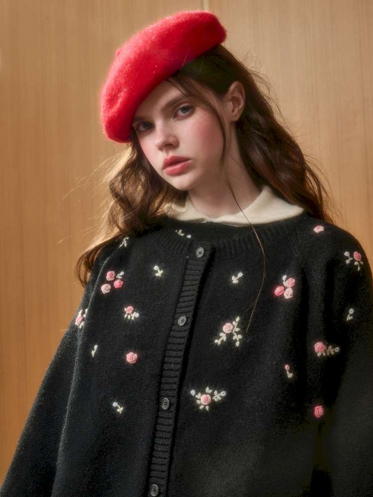 Wool Hand-Embroidered Flower Sweater Cardigan【s0000014891】