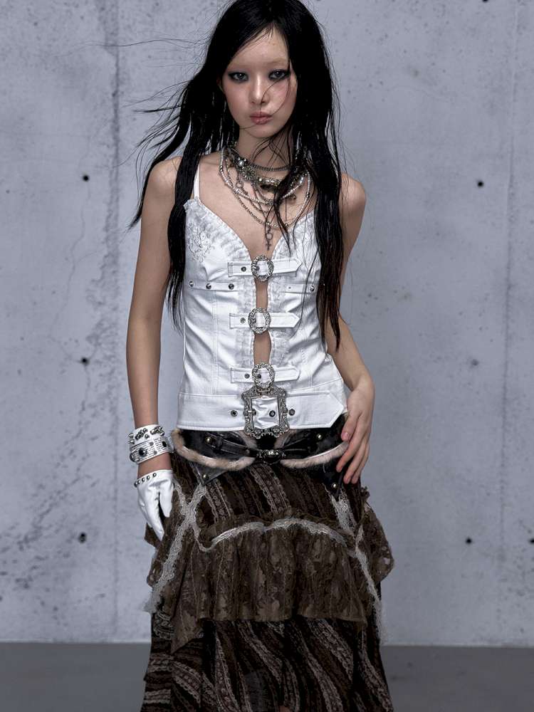 Dark Court Openwork Lace Leather Camisole【s0000014920】