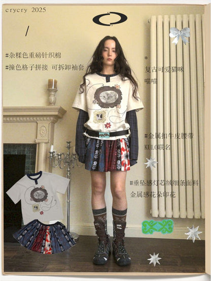 Metallic floral print vintage-inspired skirt【s0000013514】