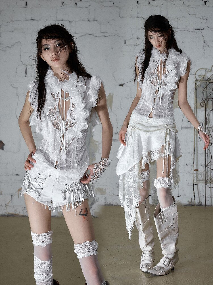 Ruffle Bead Patchwork Chiffon Shirt【s0000016981】