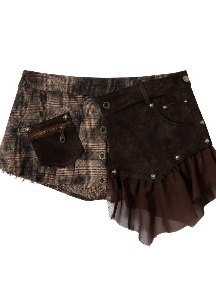 Plaid Stitching Leather Skirt【s0000015546】