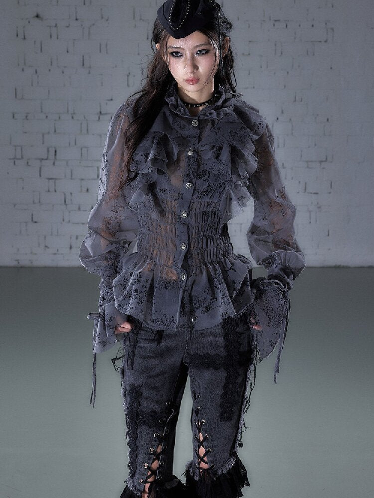 Ruffled Flocked Lace Stand Shirt【s0000016208】