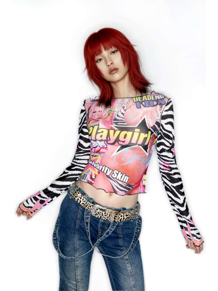 Y2K Millennium Print Long Sleeve Mesh Top【s0000014915】