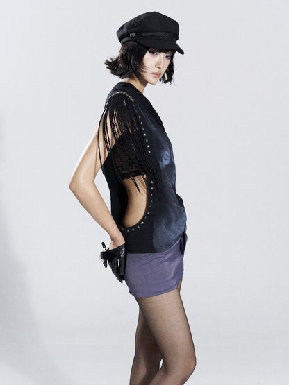 Asymmetrical Collar Fringe Print Set【s0000018475】